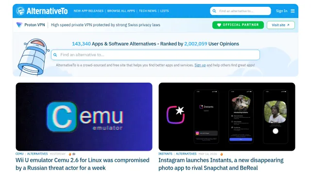 Screenshot of AlternativeTo
